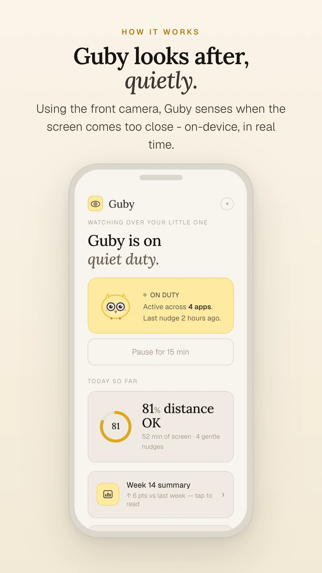 Guby Android app home screen showing 'Guby is on quiet duty', an ON DUTY status card, today's distance score, and a weekly summary link