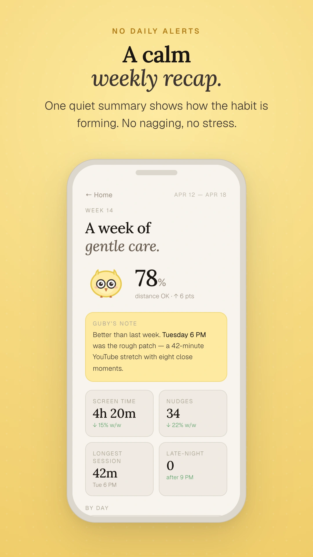 Guby weekly summary inside the app - healthy-distance rate, nudges, and trends across the past 7 days